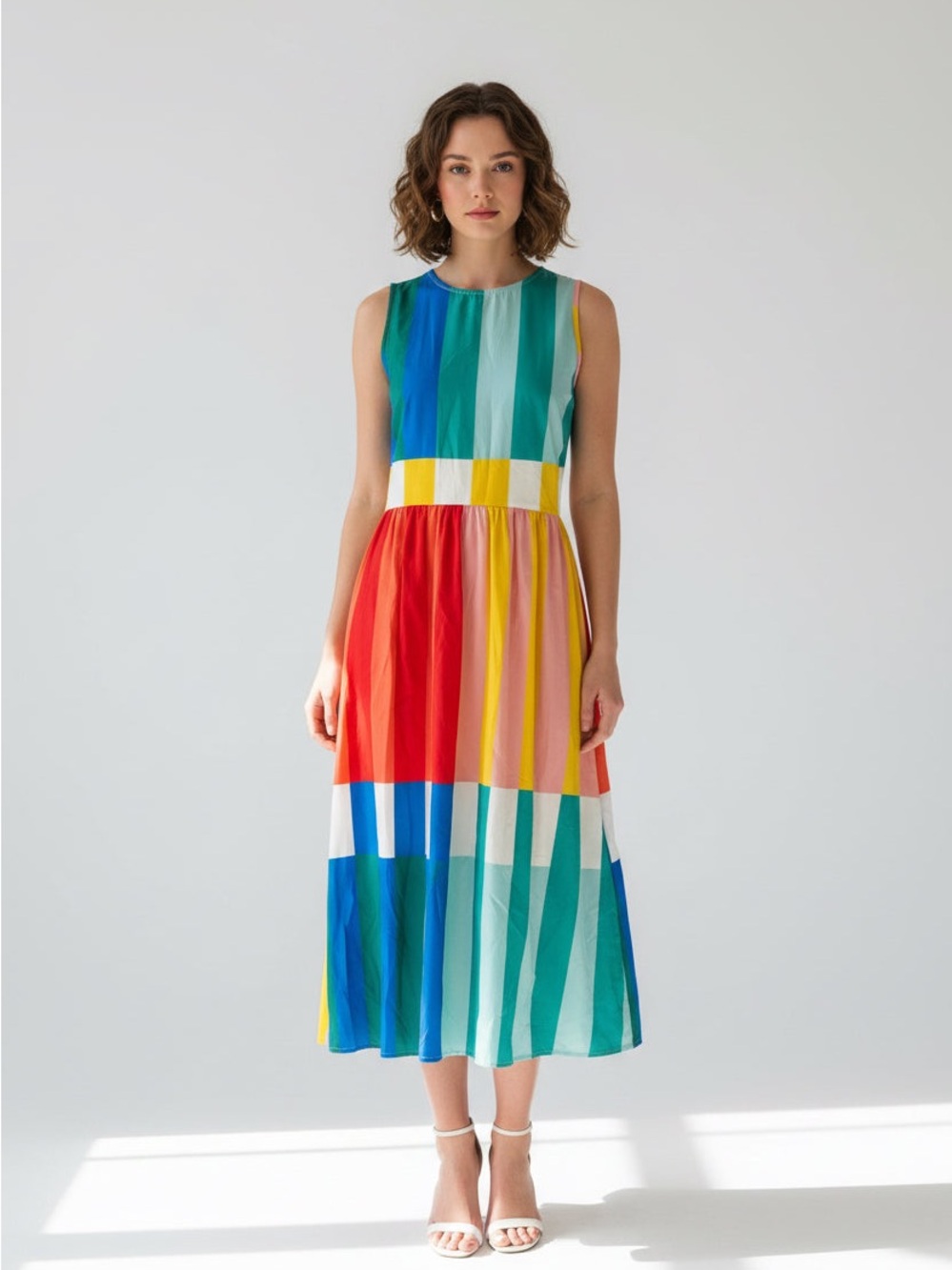Source Unknown Colorblock Striped Midi Dress - Green, Blue, Red, Yellow, White